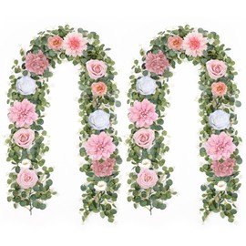 Waipfaru 2 Pcs Spring Floral Garland, 6.07Ft Eucalyptus Garland with Flowers, Rose Pink Flower Garland Vines for Wedding Reception Table Mantle Room Decor (Rose Pink)