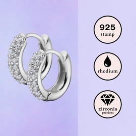 Quiges Vintage Style Classic 925 Sterling Silver Earrings Small Hinged Circle Hoops Set Diameter 14mm Round with Transparent Shiny Zirconia Stones