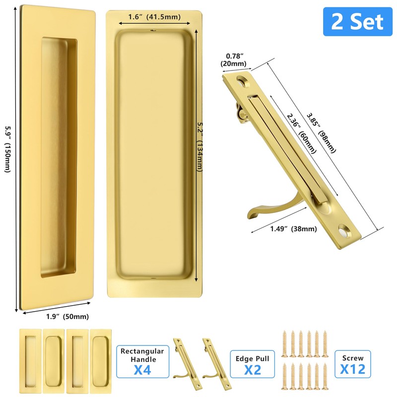 Dontay 2 Set Pocket Door Pull Handle,304 Stainless Steel, Rectangle