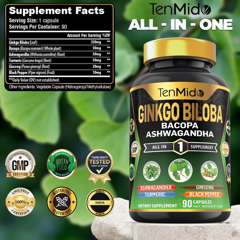 Tenmido Ginkgo Biloba Supplements - 6in1 with Bacopa, Ashwagandha, Turmeric,