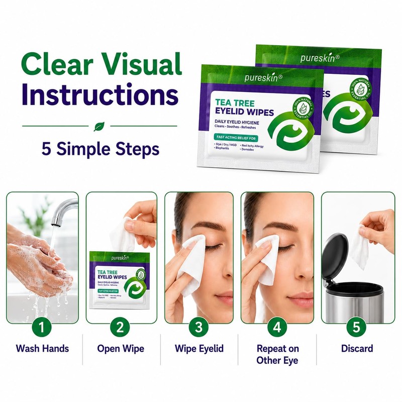 Pureskin Eyelid Wipes with Tea Tree Oil - 80 Eye