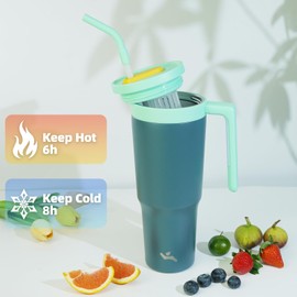 Konokyo Insulated Tumbler with Handle and Straw,40 OZ Vacuum Stainless Steel Water Bottle Travel Mug Metal Cup with Fruit Diffuser,Night Gray
