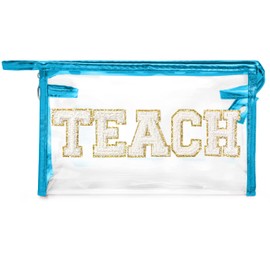 CY2SIDE TEACH Clear Makeup Bag - White TEACH Letter Patch Cosmetic Bag with Handle for Travel PVC Zipper Clear Travel Bag for Toiletries Waterproof Portable Travel Organizer Teacher Appreciation Gifts