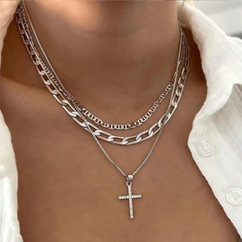 Layered Necklaces for Women 14K Gold/Silver Stackable Choker Necklaces for Women Trendy Layering Stacked Pendant Necklace Dainty Simple Chain Jewelry Gift (Silver cross)