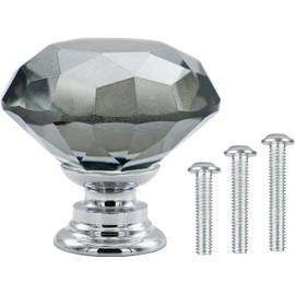 Vandicka 4 Pack 30mm Crystal Glass Cabinet Door Knobs Wardrobe Cupboard Dresser Drawer Pull Handles (Grey Diamond + Chrome Base) with Screws in 3 Sizes