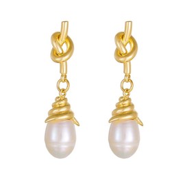 JaruJaru Pearl Drop Earrings, 18K Gold-Plated Sterling Silver Posts, Natural Freshwater Pearl, Modern Elegant Knot Design, Statement Jewellery