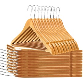 Quality Wooden Hangers - Slightly Curved Hanger 30-Pack Sets - Solid Wood Coat Hangers with Stylish Chrome Hooks - Heavy-Duty Clothes, Jacket, Shirt, Pants, Suit Hangers (Natural, 30), 17.5 inch