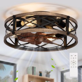 SabvioZh Farmhouse Caged Ceiling Fan with Light Flush Mount, Small Fandelier Low Profile Ceiling Fan with Light, Rustic Bladeless Ceiling Fans with Lights and Remote for Kitchen, Bedroom, 6 Speeds