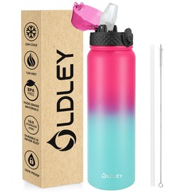 OLDLEY Stainless Steel Water Bottle with Straw, Vacuum Insulated Large Water Bottle, Metal Water Bottles, 1 Litre, Leak-Proof, Keeps Drinks Hot and Cold, for Sports, Gym, Work