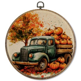 FUGWN Vintage Fall Pumpkin Truck Round Wall Art Decor Framed, Farmhouse Fall Canvas Artwork Prints, Autumn Harvest Pumpkin Leaves Wall Hanging Decorations for Home Bedroom Living Room, 10x10 Inch