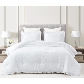 Chezmoi Collection Nora 3-Piece Ruffled Edge Trim Soft Washed Microfiber Comforter Set (Oversized King, White)