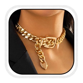 Zoestar Punk Choker Necklace Cuban Chunky Necklaces Belt Buckle Thick Necklace Chain for Women (Gold)