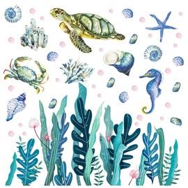 Art Ocean Beach Wall Stickers Sea Turtle Crab Conch Starfish Seashell Removable Peel Stickers Ocean Grass Seaweed Decal Pink Bubbles Vinyl Wall Stickers for Bedroom Living Room Bathroom Office