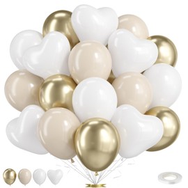 Beige Gold Balloons,50 Pcs 12 Inch White Metallic Latex Heart Balloons for Neutral Boho Birthday Engagement Wedding Anniversary Party Decorations