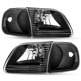 SOCKIR Headlight Assembly Replacement Fits for 1997-2003 F150 2004 F150 Heritage 1997-2002 Expedition 1997-1999 F250 Light Duty with Corner Lights 4pcs (Black Housing with Clear Reflector)