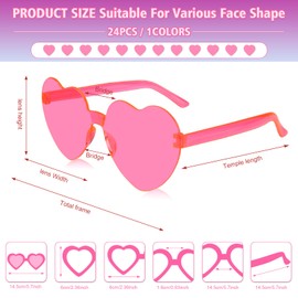 NACHLYNN 24 Pcs Rose Red Heart Sunglasses for Women Rimless Heart Shaped Sunglasses Transparent Candy Color Heart Glasses for Party Favors