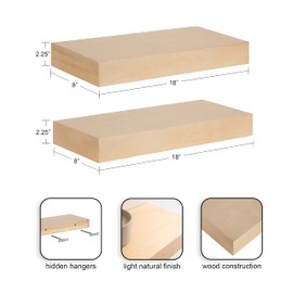 Kate and Laurel Havlock Modern Natural Floating Shelves, Set of 2, 18 x 8, Natural Wood, Mid-Century Bathroom and Kitchen Shelves for Storage and Display