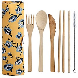 Puckator Peony Pick of The Bunch 100% Natural Bamboo Cutlery Set in Canvas Holder - Biodegradable Bamboo Utensils - Eco Friendly Cutlery Camping Tableware Cutlery Holder for Lunch Box Party Cutlery