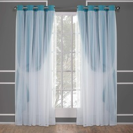 Exclusive Home Catarina Layered Solid Room Darkening Blackout and Sheer Grommet Top Curtain Panel Pair, 52"x84", Turquoise