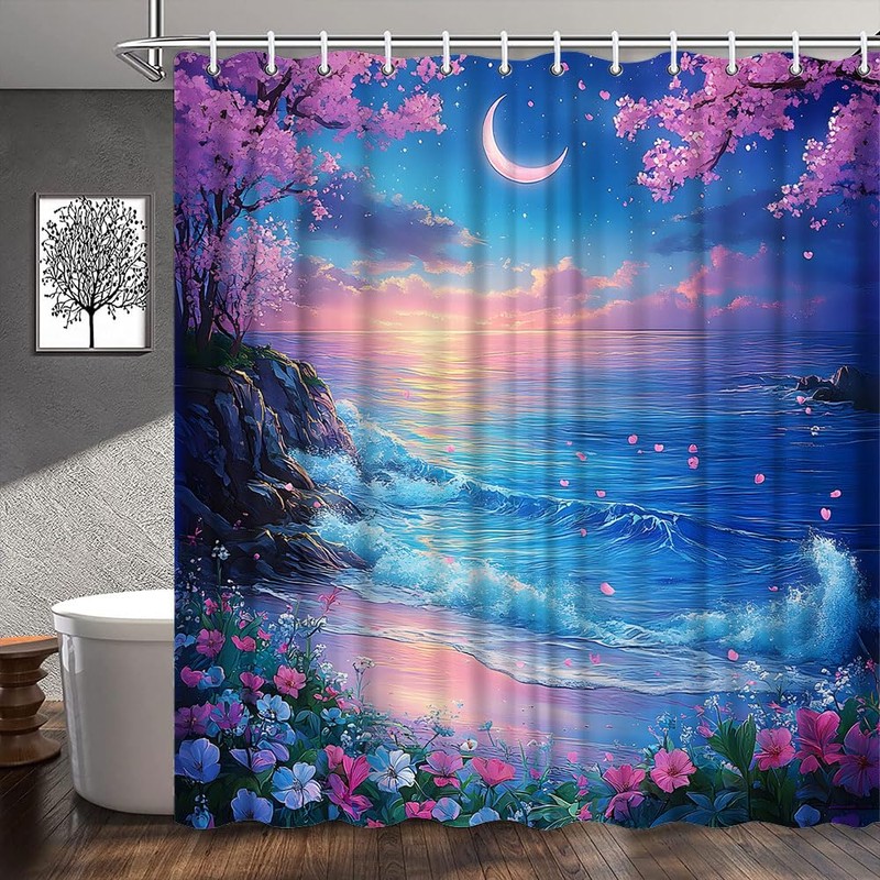 Moon Ocean Beach Shower Curtain, Fantasy Starry Night Sky, 70Wx70H