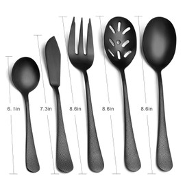 Matte Black Serving Set, sharecook 5-Piece 18/0 Stainless Steel Large Hostess Set with Round Edge, Satin Finished, Dishwasher Safe -Spoons, Forks,Butter Knife& Slotted Spoon