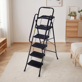 Valeo 5 Step Ladder with Handrails,500 Lbs Capacity,Folding Step Stool Ladder with Tool Platform,Wide Anti-Slip Pedal,Step Ladder 5 Step Folding,Multi-use for Home,Kitchen,Office,Black