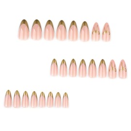Gold French Tip Press on Nails Almond Fake Nails Medium False Nails Press ons with Bow Design Stick on Nails Glossy Full Cover Glue on Nails Elegant Acrylic Nails for Women Manicure 24Pcs