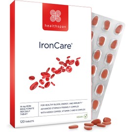 Healthspan IronCare – 120 Vegan Tablets | Gentle, Stomach-Friendly Iron with Vitamin C, B2, B6 & B12 | Supports Energy, Red Blood Cell Formation & Reduces Tiredness and Fatigue | Easy-to-Swallow | UK Made