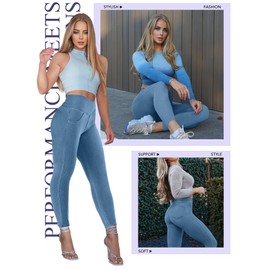 AIMILIA Crossover Jeggings for Women Tummy Control High Waist Pull On Stretchy Jeans Denim Leggings with Pockets Slimming Light Blue