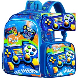 FTJCF Gamer Backpack for Boys, 16" Kids Bookbag with Lunch Box, 3Pcs Gaming School Backpacks for Elementary Preschool Kindergarten (Blue)