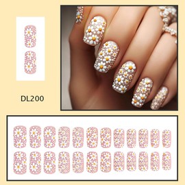 Chrysanthemum Press on Nails Medium Square Fake Nails White Orange Flower Stick on Nails Glossy Glue on Nails Full Cover Artificial Nails Reusable Acrylic False Nails Kit for Women Girls 24Pcs