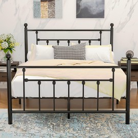 VECELO Full Size Metal Platform Bed Frame with Headboard and Footboard, Heavy Duty Slat Support/No Box Spring Needed Mattress Foundation/Underbed Storage Space, Victorian Style