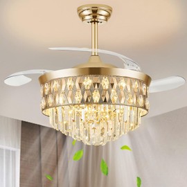Deliyfans 42" Fandelier Ceiling Fan with Light, Chandelier Fan, Retractable Crystal Ceiling Fan Dimmable LED, 3 Color Temperatures, 6 Speeds, for Bedroom & Living Room