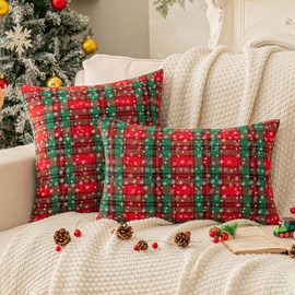 Pack of 2 Christmas Plaid Decorative Throw Pillow Covers Snowflake Tartan Scottish Cushion Cover for Sofa Couch Farmhouse Holiday Decor Red and Green, 12x20 Inch