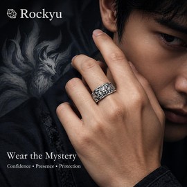 Rockyu Men's Silver Nine Tailed Fox Ring, Stylish, Stainless Steel, Hypoallergenic, Fox Ring, Boyfriend, Chris, Size 17, Stainless Steel