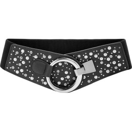 BlackButterfly Wide Elastic Stretchy Metal Fogging Diamante Hook Buckle Belt, black