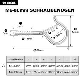 MOGADEE® Pack of 10 Screw Hooks M6, Hooks for Screwing Ceiling Hooks Heavy Duty with Screws, Screw Hooks with Safety for Hammocks, Awnings, Hanging Chairs, Rocking Chairs, Fixed Cable, Hanging Basket