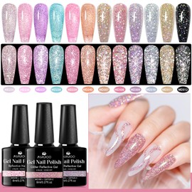 MSRUIOO Reflective Glitter Gel Nail Polish Set of 12 Colors Pink Purple Gold Silver Black Shimmer Sparkle Gel Polish Collection Kit LED Soak Off Nail Polish Manicure Art Gel Kit Home DIY Nail Salon