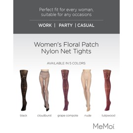 MeMoi Women's Floral Patch Nylon Net Tights CloudBurst Medium/Large