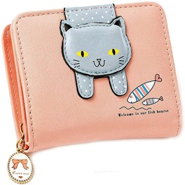 Spldsun Women's Cartoon Cat Wallet, Cat Decoration Zip Purse, Leather Small Purse with Zip, Gifts for Girls, pink, Kitten Style
