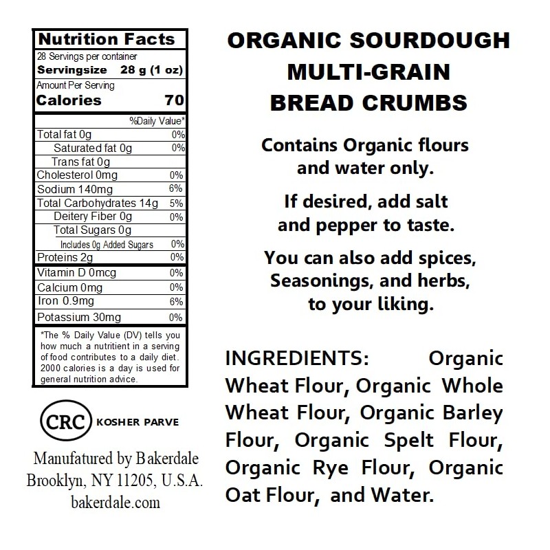Bakerdale Organic Multigrain Sourdough Breadcrumbs, 28 Ounces in reclosable Pouch,
