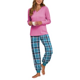 Famulily Womens Plaid Home Clothing Set 2 Piece Jogger Pjs Casual Ribbed Pullover Tops and Lounge Pants with Pockets Hot Pink XL