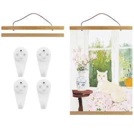 Set of 2 31 cm Magnetic Poster Rails A3 with 4 Pieces White Picture Hooks, Teak Picture Frames for Wall Pictures, Photos, Poster Strip, Wooden Frame, Picture Strip, Clamping Strip