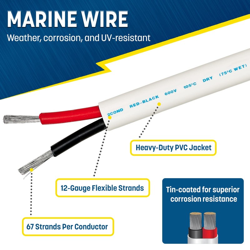 GS Power 100Ft Duplex Marine Wire, 12 Gauge Wire, Oxygen-Free