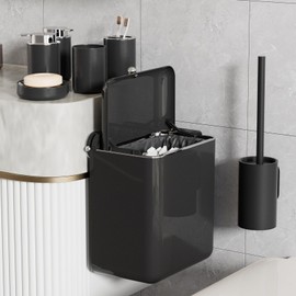 InnJoey 7-Piece Black Bathroom Set with Suction Wall Trash Can - Space Saving Organizer Kit with Toilet Brush, Liquid & Foam Soap Dispenser, Toothbrush Holder, Cup, Soap Dish for Bathroom Kitchen