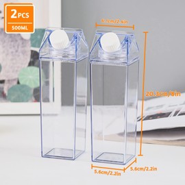 Fahibin 2 x Milk Carton Water Bottle, Clear Water Bottle, Transparent, 500 ml Milk Box Bottle, for Picnics, Camping, Milk, Orange Juice