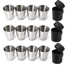 Spldsun Pack of 12 Hip Flask Mugs, Stainless Steel Cups, Stackable Shot Cups with Leather Bag, Ideal Hip Flask Accessories, Great Gift Idea