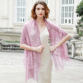 RIIQIICHY Women's Floral Lace Mesh Party Prom Wedding Shawl Scarf with Fringe
