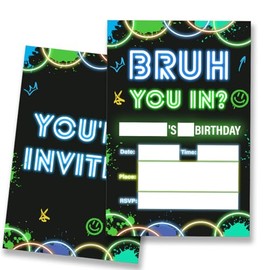 VIYZZX Boy Birthday Party Invitation Bruh Birthday Invitations for Boys Teens Teenager Boys Party Neon Invites with Envelopes Set of 20, Fill in Blank, Double Sided