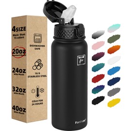 Fanhaw Insulated Water Bottle with Straw - 20 Oz Stainless Steel Double-Wall Vacuum Leak & Sweat Proof Dishwasher Safe Standard Mouth Sports Water Bottle with Anti-dust Flip Lid (Black)